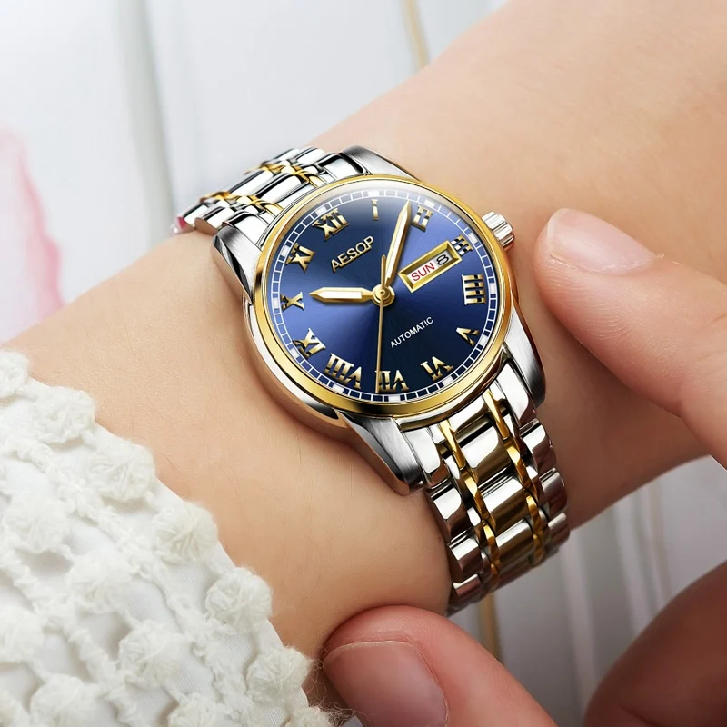 AESOP Gold luxury Watch Women Japan Movement Mechanical Automatic watch Ladies Stainless steel Golden Female Clock Women - Цвет: Gold blue lady