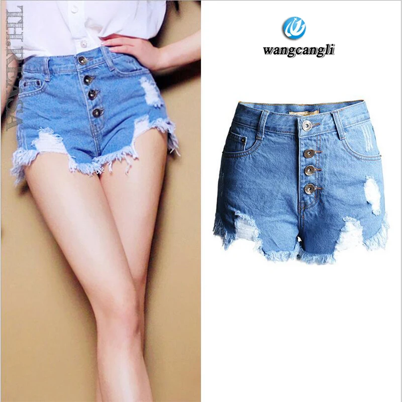 2017 top summer hole black white blue short high waist jeans open multi button denim shorts