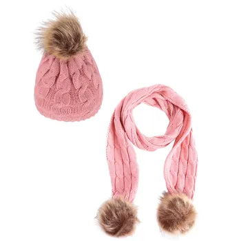 

2019 Baby Hat Scarf Kids Warm Winter Caps Thick Plus Velvet Hat and Scarf Set For Girls Boys Fur Pompom Ball Knitted Beanies
