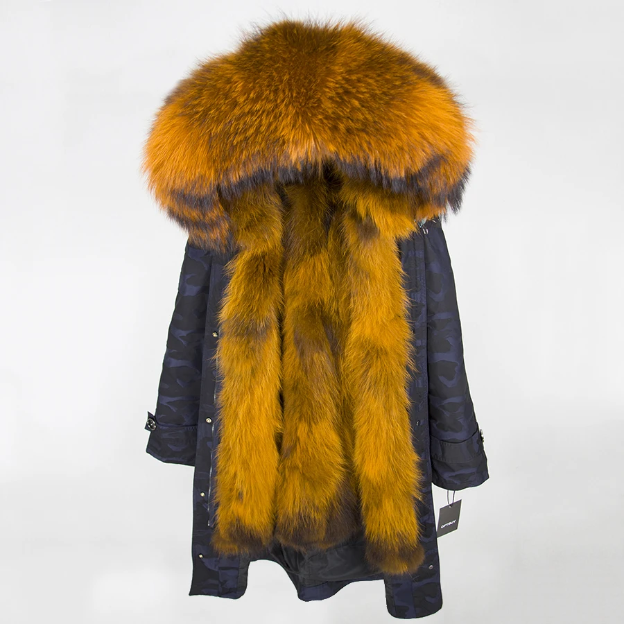 OFTBUY, зимняя женская куртка, пальто с натуральным мехом, удлиненная Камуфляжная парка, воротник из натурального меха енота, капюшон с мехом лисы внутри, уличная одежда - Цвет: blue camouflage