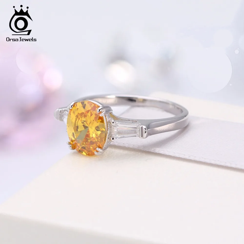 ORSA JEWELS Wedding Band For Women Prong Setting AAA Yellow Cubic Zircon Silver Color Ring Luxury Engagement Rings Jewelry AOR51