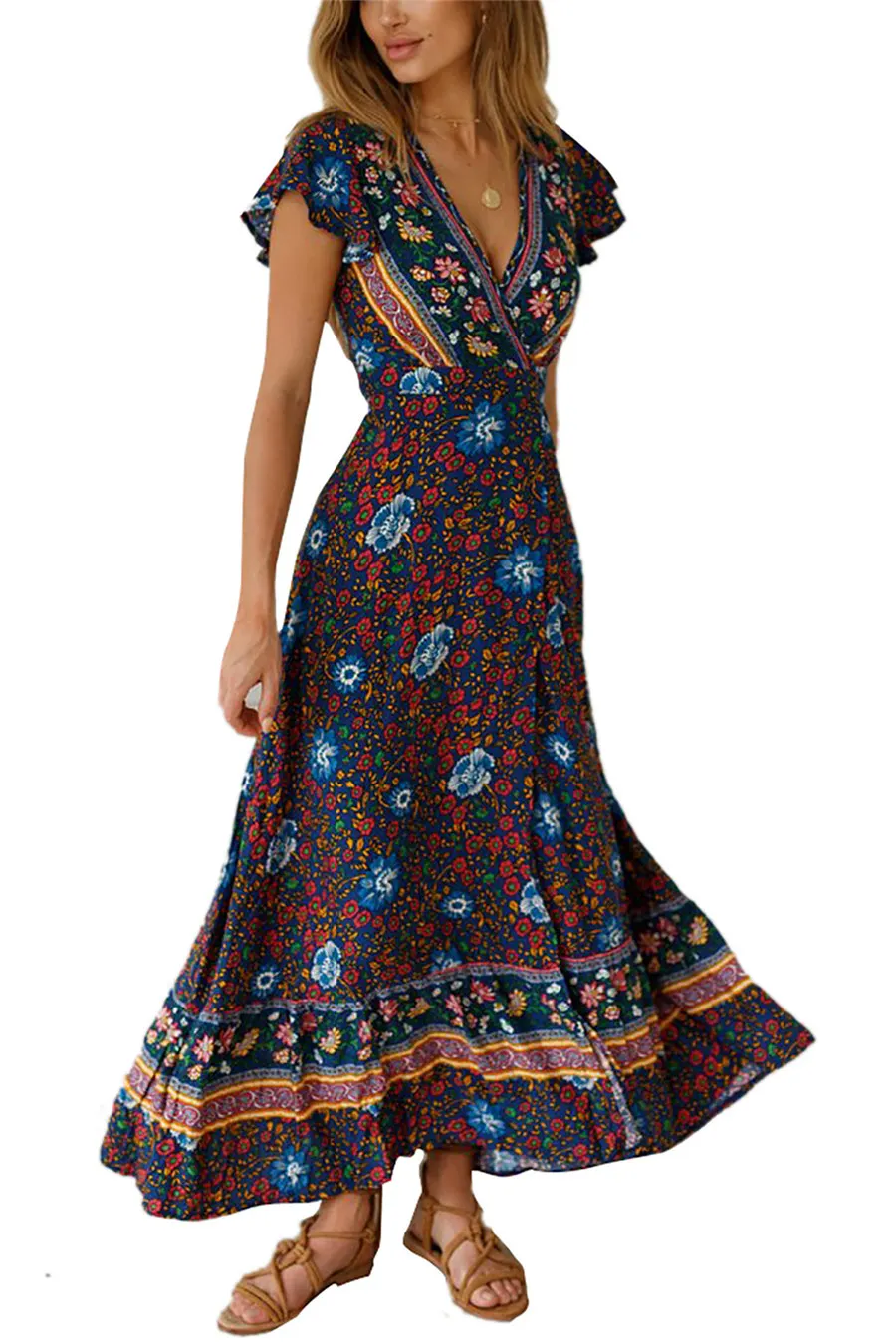 Gladiolus Bohemian Women Summer Dress Short Sleeve V Neck Floral Print Belt Tunic Split Sexy Beach Dresses Women 2019 Maxi Dress (31)