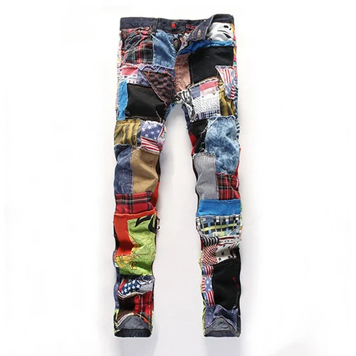 2016 Men s Fashion Cool Style Multicolor Patchwork Straight Tube Full Length Button Jeans