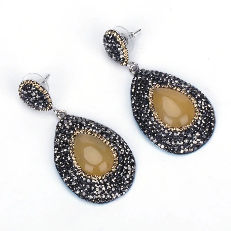 

Vintage Light Yellow Tan Water Drop Opal Semi Precious Stone Pendant Charm Pave Rhinestone Big Dangle Earrings For Women Brinco