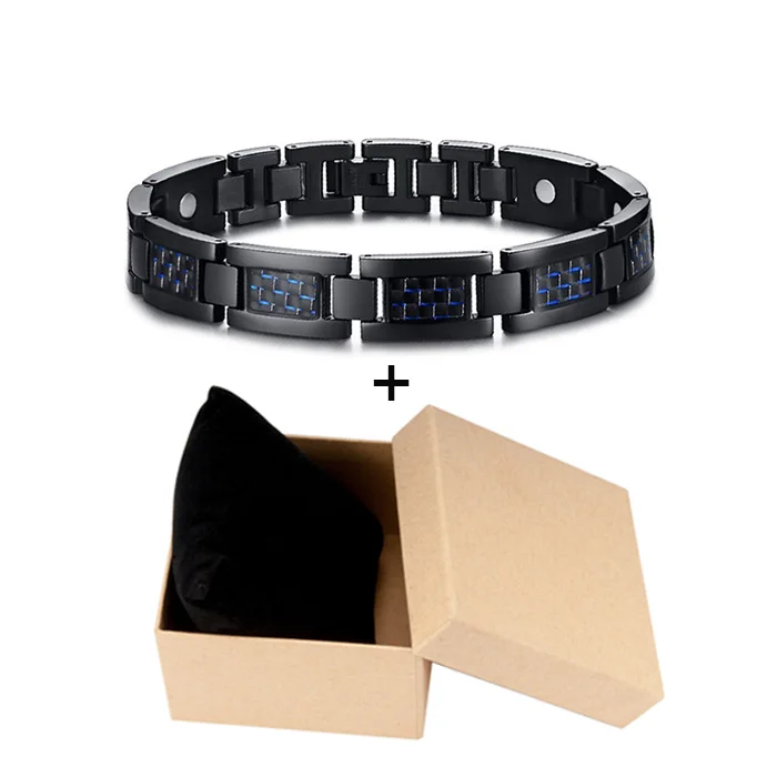 ST068BL box Vinterly, черный браслет для здоровья, мужской браслет из нержавеющей стали, синий, углеродное волокно, стальной магнитный браслет, мужской Энергетический Браслет-цепочка для мужчин - Окраска металла: ST068BL box