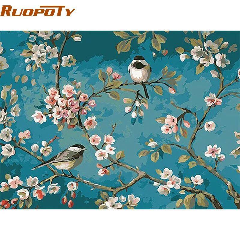 RUOPOTY Ptice in cvetje DIY slikanje po številkah Kompleti risanje na platnu Home Wall Art Decor Ročno poslikane slike za umetniška dela