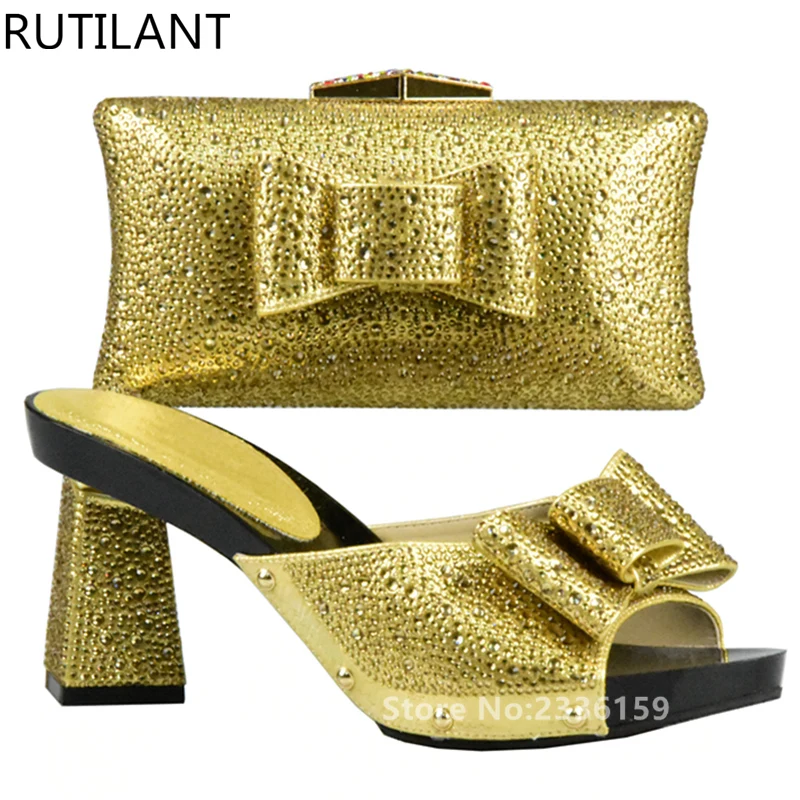 

New Shoes and Bag Gold Color Italian Shoes with Matching Bag for Wedding Ladies African Women Matching Italian Shoe and Bag Sets
