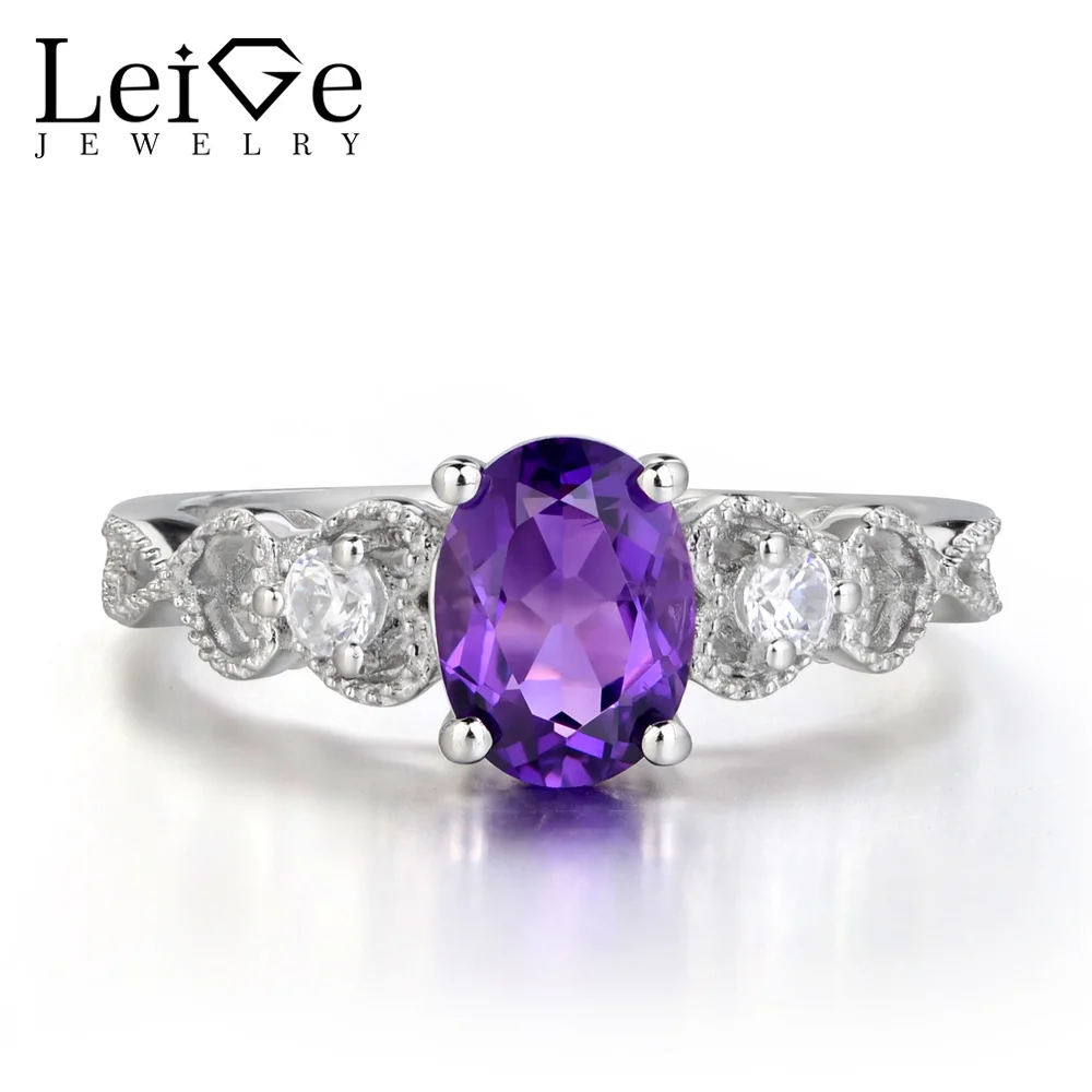 Leige Jewelry Natural Amethyst Rings for Women Sterling Silver 925 Fine