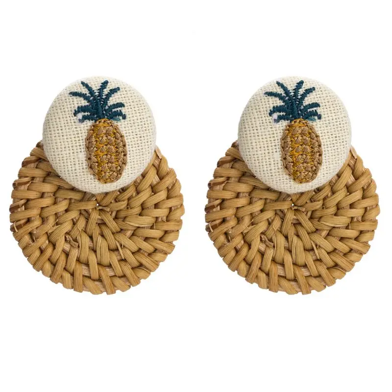 

Wooden Straw Weave Rattan Earrings Big Round Studs Pineapple Earrings Jewelry