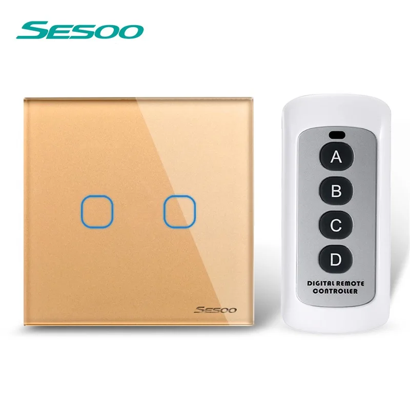 SESOO Remote Control Switches 2 Gang 1 Way Crystal Glass Switch Panel Remote Wall Touch Switch