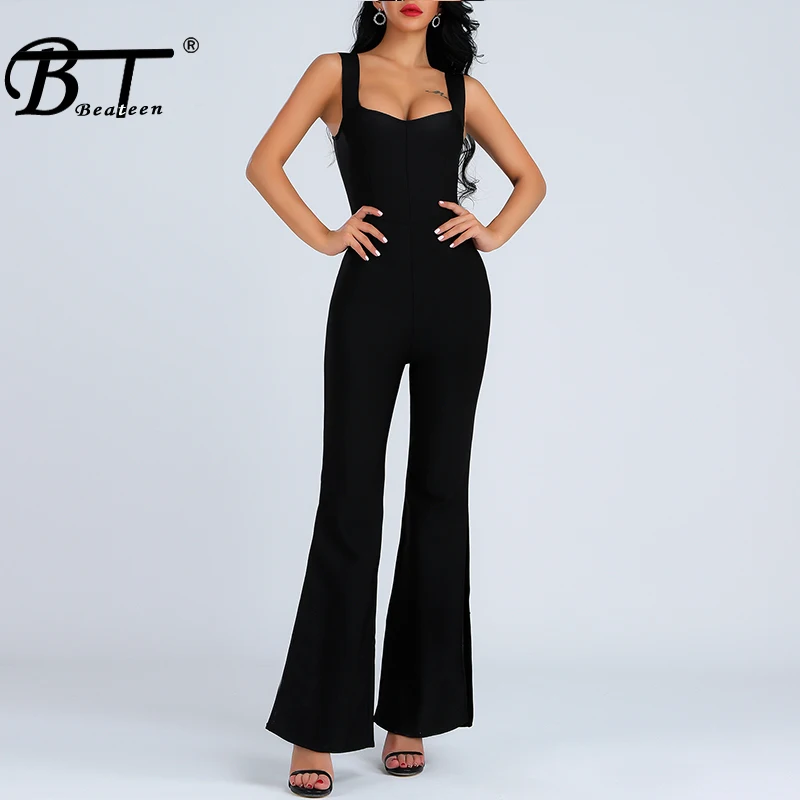 

Beateen 2019 Summer New Sexy One-piece Outfit Sleeveless Straps Backless Wide Legs Pants Slit Women Party Bandage Jumpsuit