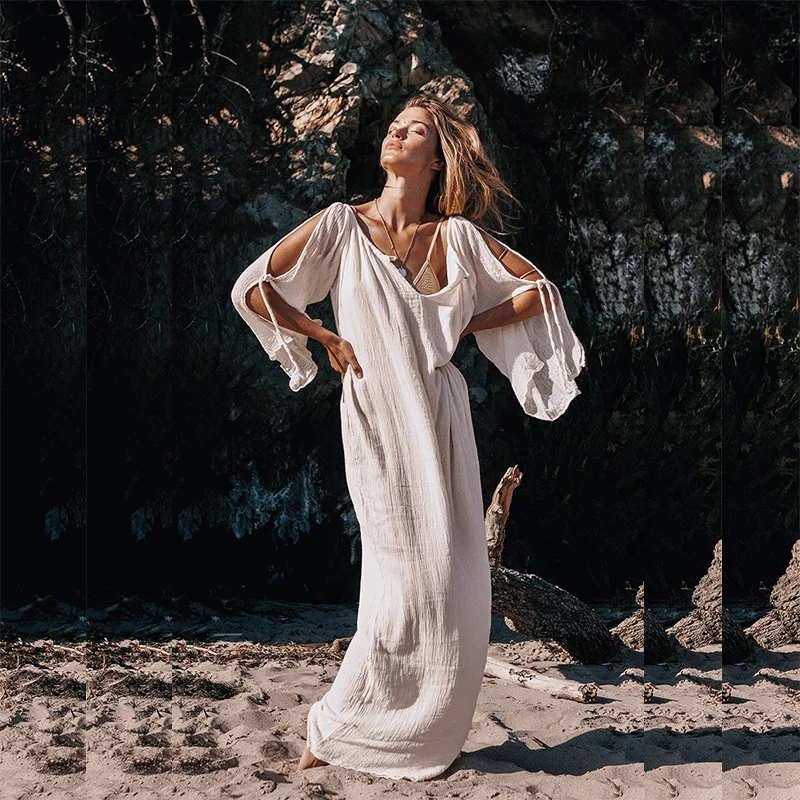 

Mutlflora White Boho Maxi Beach Dress 2019 Deep V Neck Pleated Bohemian Dress Long Sexy Lace Up Summer Dress Beach