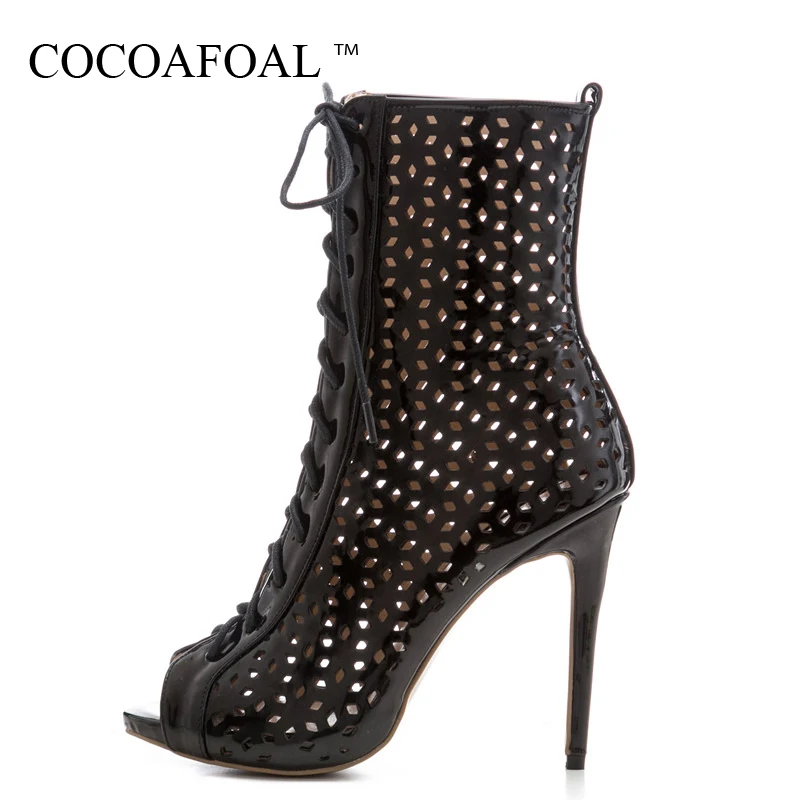 

COCOAFOAL Women Hollow Out Peep Toe Ankle Boots Plus Size 33 43 Open Toe Heels Sandals Summer Lace Up Gladiator Sandals White