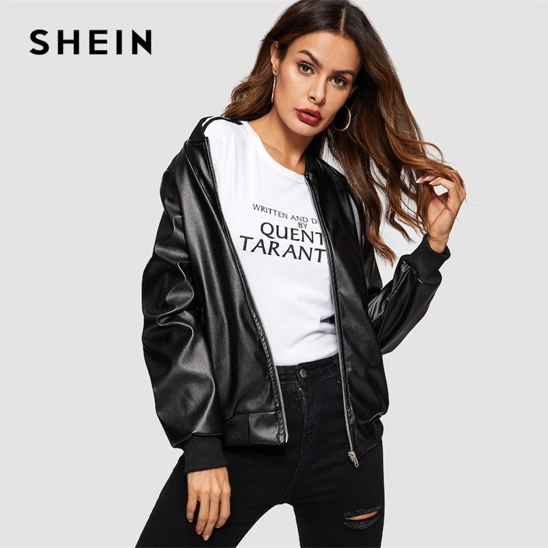 Buy SHEIN Black Zip Up Faux Leather Bomber Plain Stand