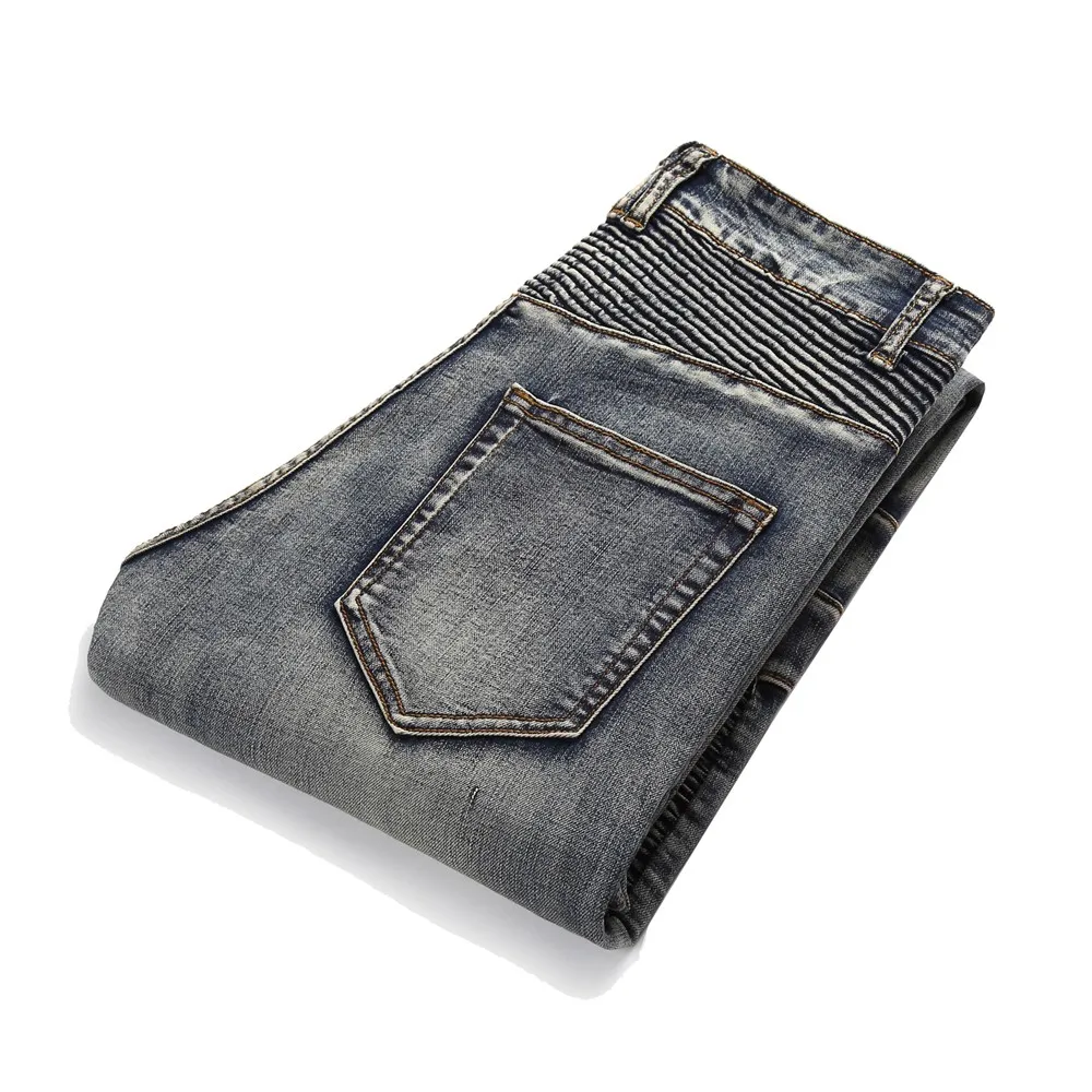 Мужские байкерские джинсы дизайн модные джинсы для Для мужчин в стиле «хип-хоп» с машинами для детей плиссированные обтягивающие джинсы E2042