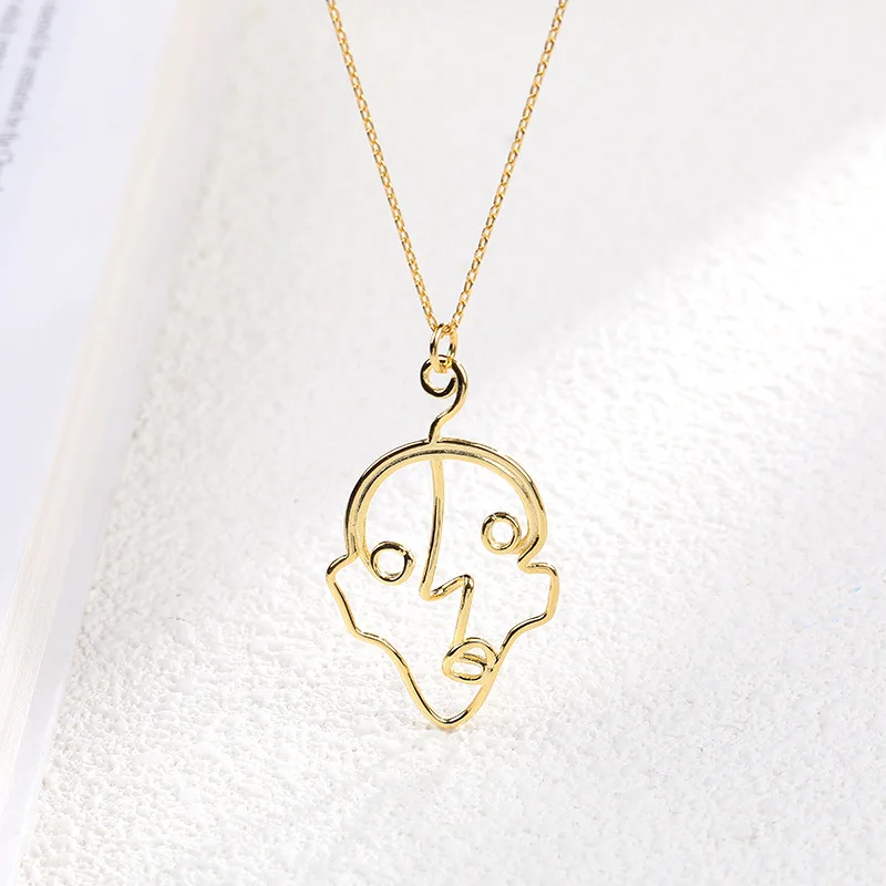 

Fengxiaoling 100% Authentic Real 925 Sterling Silver Abstract Face Golden Pendant Necklaces For Women Fine Elegant Jewelry Gift