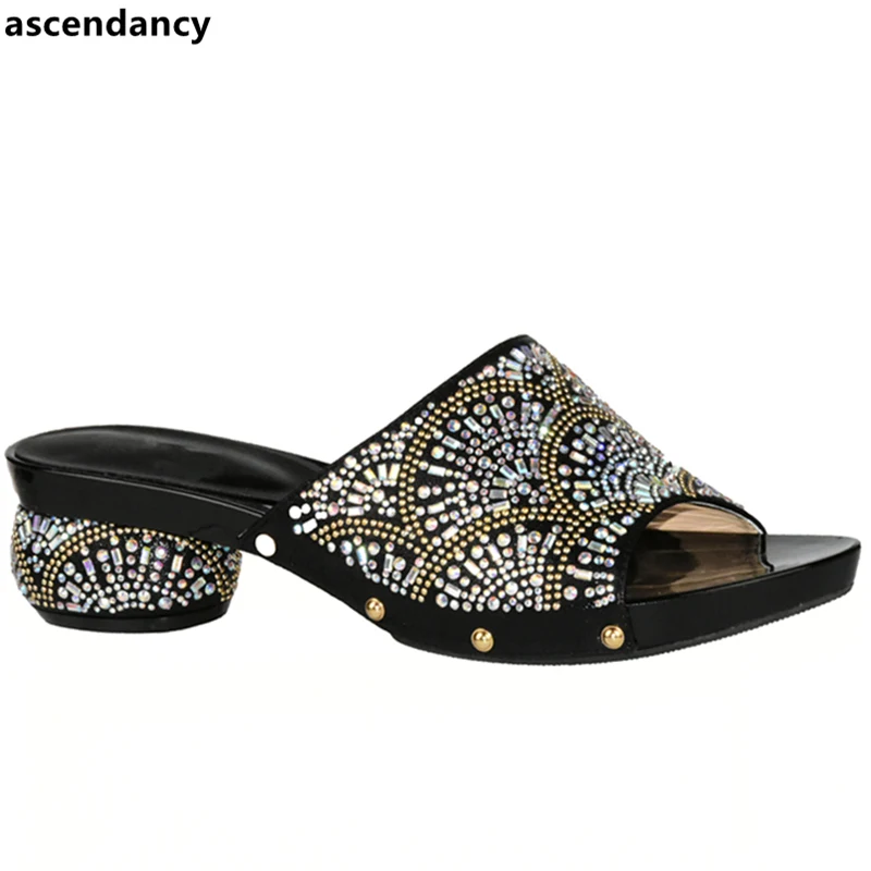 

New Arrival Black Color Women Shoes Italian Ladies Shoe for Parties Rhinestoen Women Wedding Shoes High Quality Nigerian Shoes