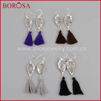

BOROSA Silver Color Natural Quartz Arrowhead Rainbow Tassel Earrings Druzy Crystal Gems Earrings Dangle Earrings for Women S1236