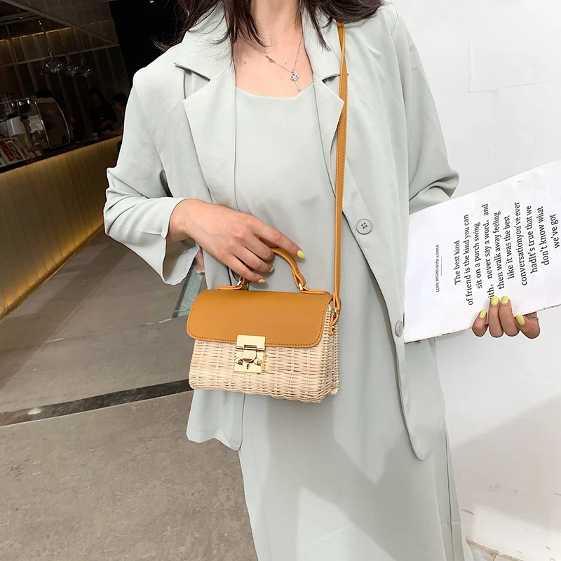 

Pu Leather Straw Woven Tote Handbags Female Handmade Summer Sea Beach Crossbody Bags For Women Quality Messenger Shoulder Bags