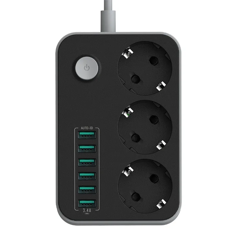 

3 EU Outlet Extension Power Socket With 6 USB Wall Charger Adapter Dock 5V 3.4A Grounding Protector For Phone Camera Home