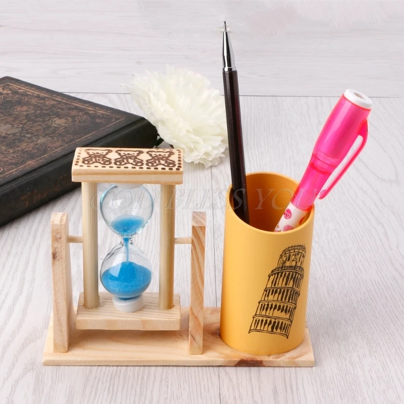 Timer Wood Pen Holder Office Desk Accessories with Hourglass Scrub Pencil Holder