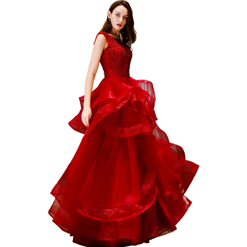 Beauty Emily Red New Lace Evening Dresses 2020 O Neck Ball Gown Formal Party Prom Dresses Floor-length Court Train Evening Gown image_0