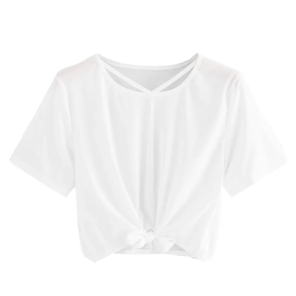 Женская короткая футболка, повседневная однотонная с коротким рукавом, с вырезами, бандажный Топ, Короткие топы, рубашка, модная футболка, женская футболка