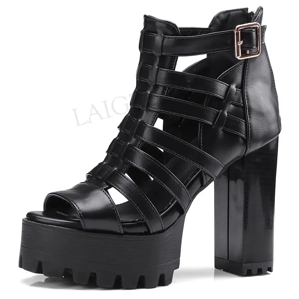 LAIGZEM FASHION Women Sandals Chunky Heels Sandals Straps Back Zipper Faux Leather Ladies Shoes Summer Woman Big Size 33-45 (9)