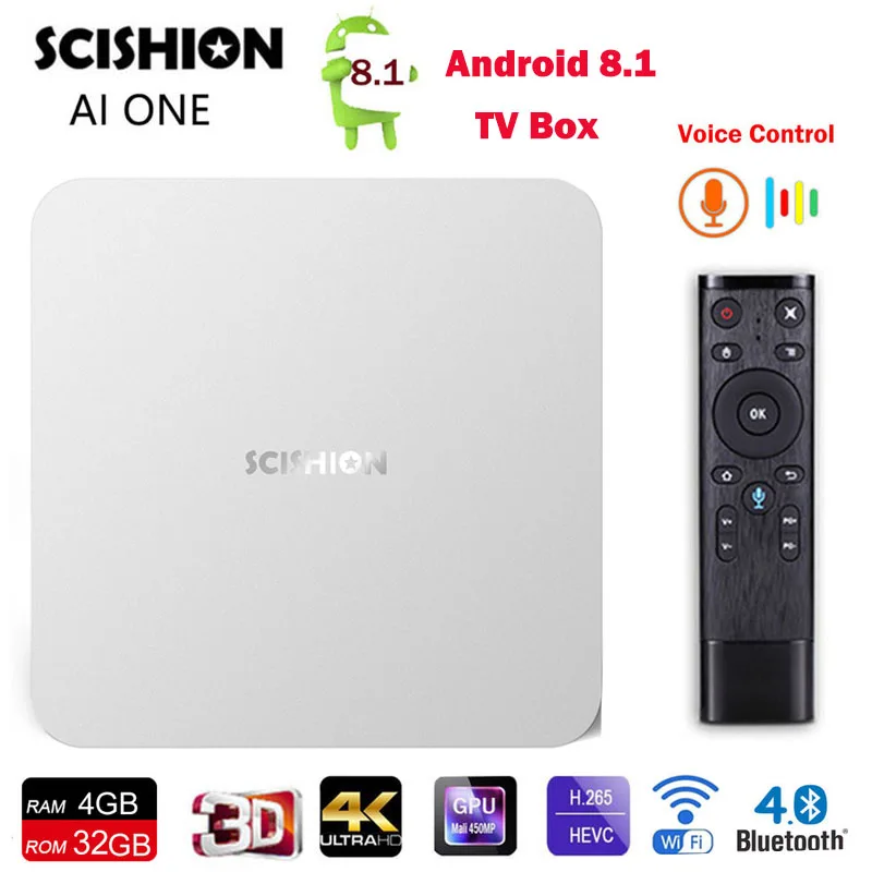 

SCISHION AI ONE Android 8.1 TV Box RK3328 Quad Core RAM 4G/32G 2.4G WiFi Full hd 1080p BT4.0 Voice Control Support Media Player