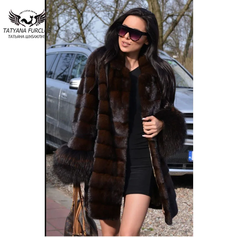

Tatyana New Coming 2018 Genuine Leather Mink Fur Coat With Fox Fur Sleeves Winter Warm Fur Coats Fashion Mink Fur Jackets Women