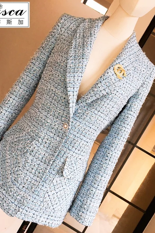 2019 весна осень женская брендовая Синяя Клетчатая шаль блейзеры с воротом пальто одна кнопка женский элегантный твидовый Блейзер Y288
