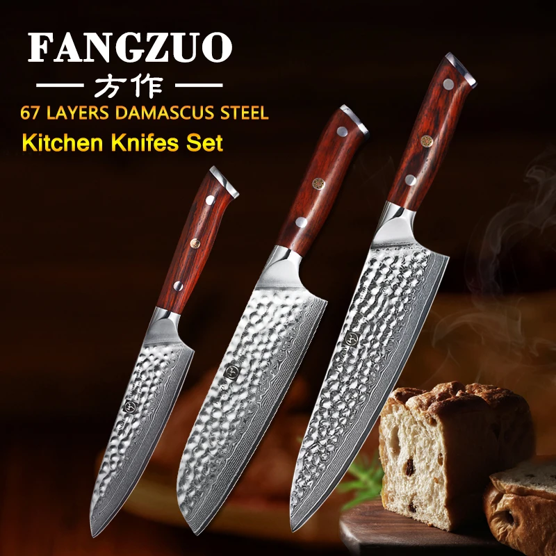 

FANGZUO 3PCS Pro Kitchen Knife Sets Japanese forged Damascus Steel Chef Santoku Knives Stainless Steel Slicing Utility Knives
