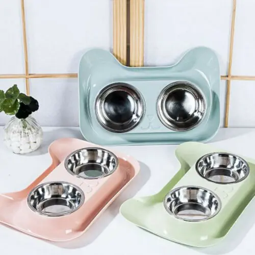 

Pet Dog Cat Stainless Steel Double Bowl Feeder Non Slip Safety Material Water Food Container