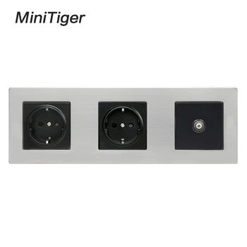 

Minitiger EU Standard Black Stainless Steel Panel Double Wall Power Socket 16A EU Power Outlet + Female TV Jack Port Silver