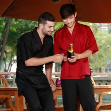 (5 get 10% off, 10 get apron)Classy man/woman japanese chef uniform clothes red/black half sleeve restaurant kitchen coverall