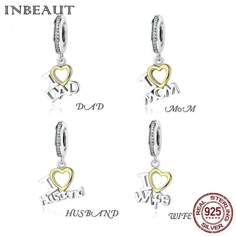 

INBEAUT Real 925 Sterling Silver I love family Series Pendant Trendy Clear CZ Dad Mom Husband Wife Charm fit Trendy Bracelet