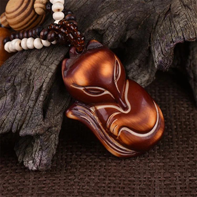 

Bohemia national wood handmade pine necklace Retro fox pendant sautoir long wooden boho tribal sweater chain for women wholesale