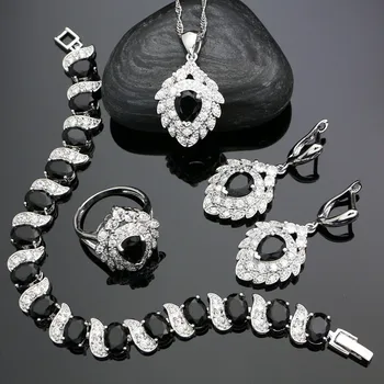 

925 Silver Jewelry Sets Black Stones Strawberry Shape Earrings Pendant Necklace Ring Bracelet Party Silver Accessories For Women