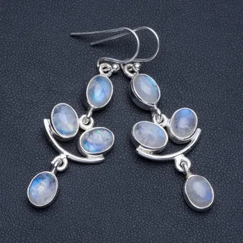 

Natural Rainbow Moonstone Boho 925 Sterling Silver Drop Earrings 2" R1372