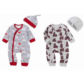 

2pcs Newborn Baby Boys Cartoon Romper+Hat Infant Girls Jumpsuit Outfits Cotton Clothes 0-18M Cute Pajamas Outfit Set