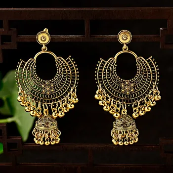 

TopHanqi Indian Jhumka Jewelry Women's Boho Ethnic Gold Metal Big Bells Long Drop Earrings For Women boucle d'oreille femme 2019
