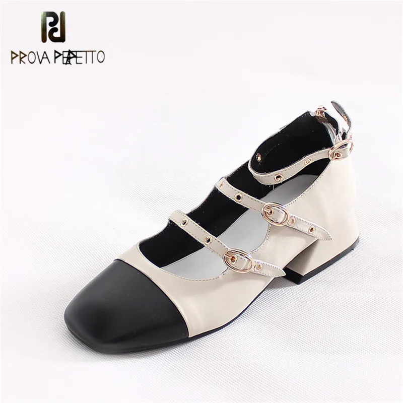 

Prova Perfetto Spring New Product Comfort Real Leather Ankle Buckle Woman Shoe Fashion Elegant Mixed Color Square Toe Flat Shoes