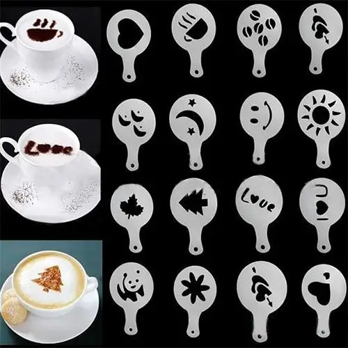

HOT SALE! 16Pcs Fancy Coffee Mould Cappuccino Coffee Barista Stencils Template Strew Pad Duster Spray