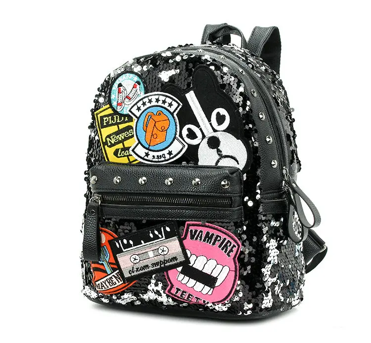 Rdywbu brillo lentejuelas perro parcheado mochila de moda de las mujeres de cuero de la PU bolsa de gran capacidad bolso de escuela mochila Mochilas B622