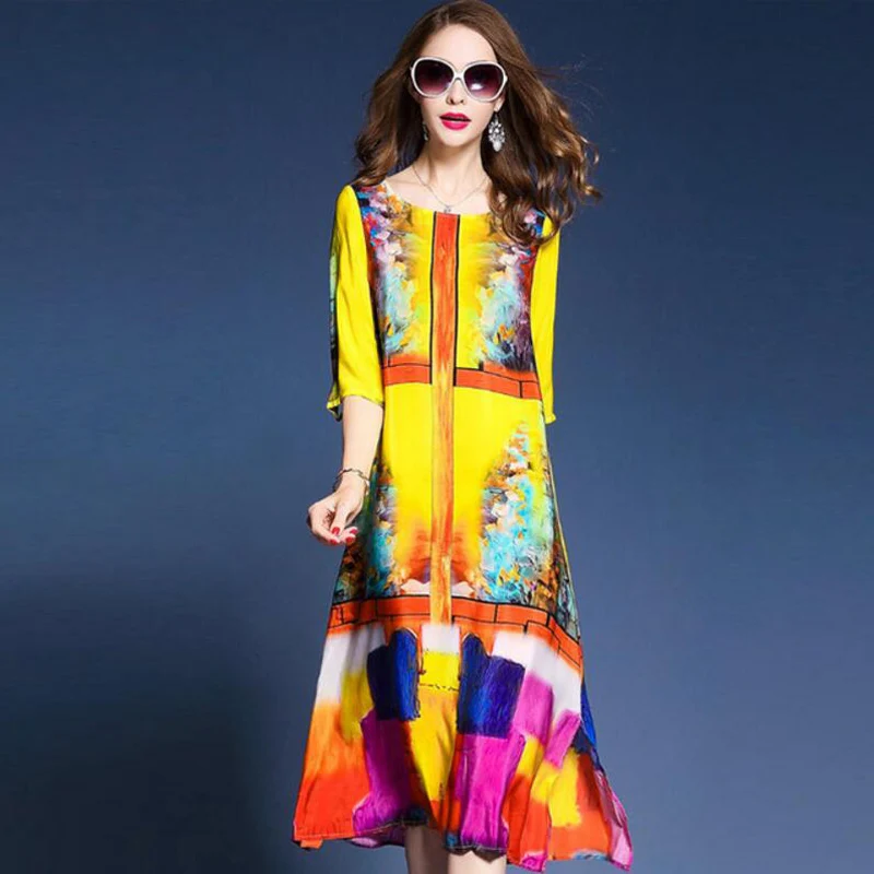 

Western Fashion Floral Print Dresses Woman Half Sleeve Brand Vestidos Mujer 2018 Elegant Silk Dress Summer Spring Yellow M-3XL