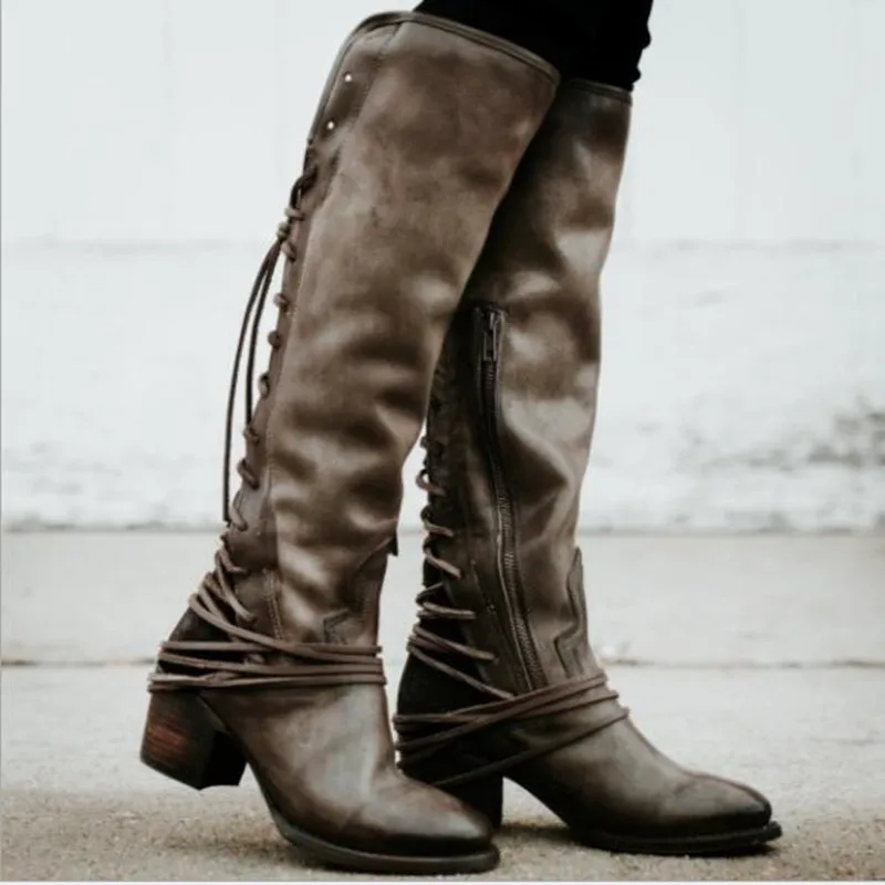 Feminino/женские ботинки винтажные сапоги до колена из искусственной кожи женская обувь в гладиаторском стиле с перекрестной шнуровкой для девочек