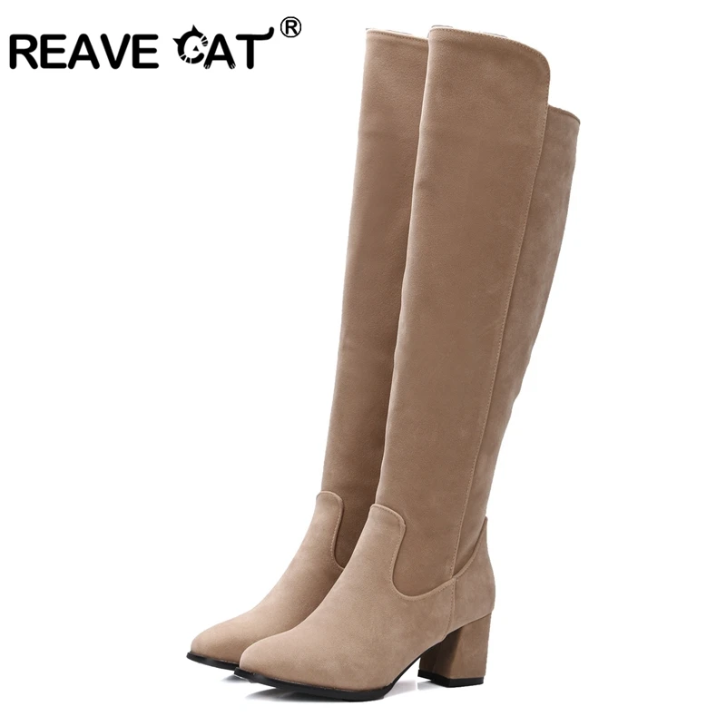 

REAVE CAT Plus size 34-43 Women boots knee-high Boots High Heel boots Sapatos femininos Flock Casual Zipper Pointed Toe A877