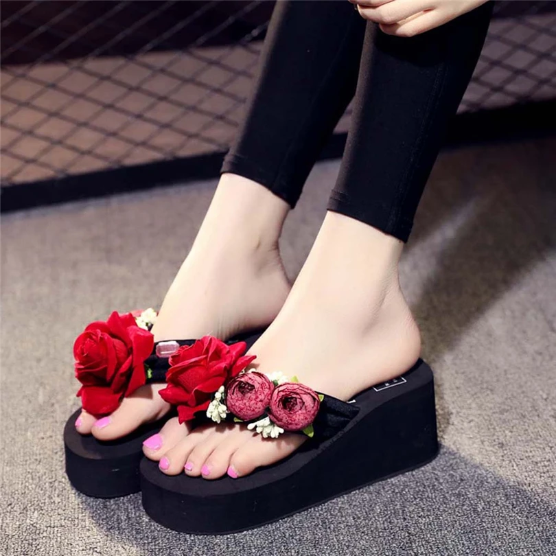 

2019 Summer Women Girls Floral Wedges Flip Flops Sandals Slippers Bath Shoes Beach Flip Flops Casual Home&Outdoor Slippers A30