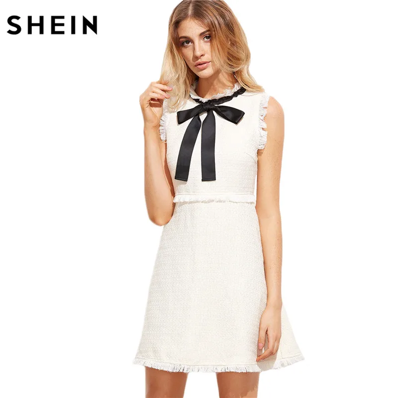 SHEIN Autumn Dresses Women 2016 Ladies White Party Dresses Bow Tie Neck