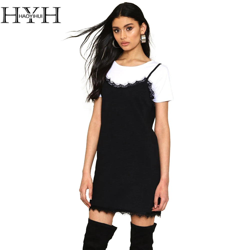 

HYH HAOYIHUI 2018 Summer Solid Black Lace Patchwork Strap Dress Sleeveless Vestidos Casual Women Sundress Midi Dress